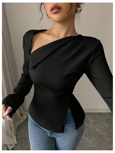 GORGLITTER Women's Dressy Asymmetrical Blouse Shirt Lace Up Back Bell Long Sleeve Business Work Tops4