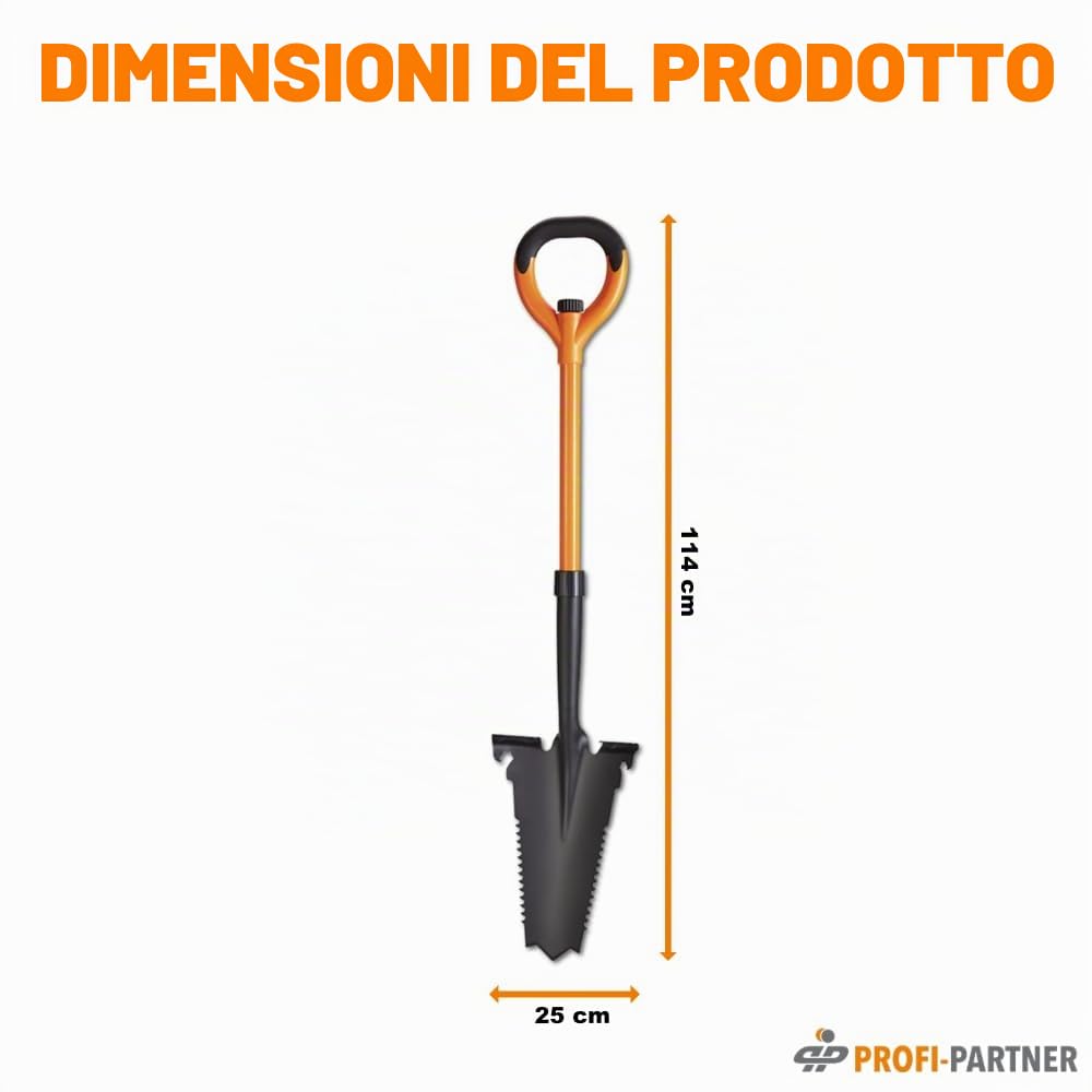Vanga con sega a radice – Punta in acciaio al carbonio con denti affilati, manico in vetro febbre, chiave combinata integrata e apribottiglie, 114 cm, smontabile, arancione e nero