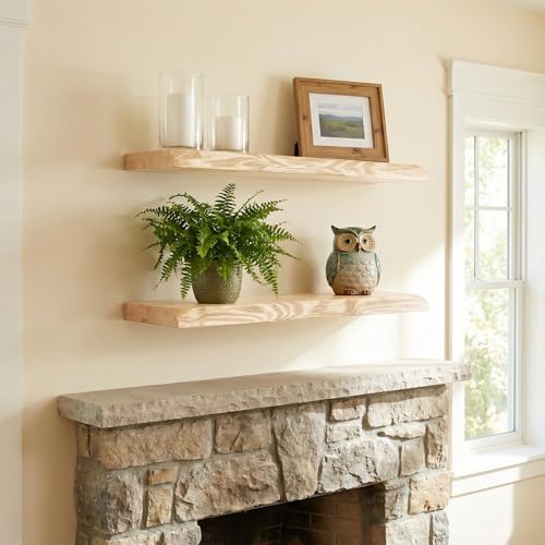 Image of 23.6 Inch Wood Floating Shelves for Wall, Set of 2 Heavy-Duty Wall Shelves with Sturdy Natural Wood Construction, Space-Saving Organizer for Bathroom, Bedroom, Living Room, Kitchen, and Office