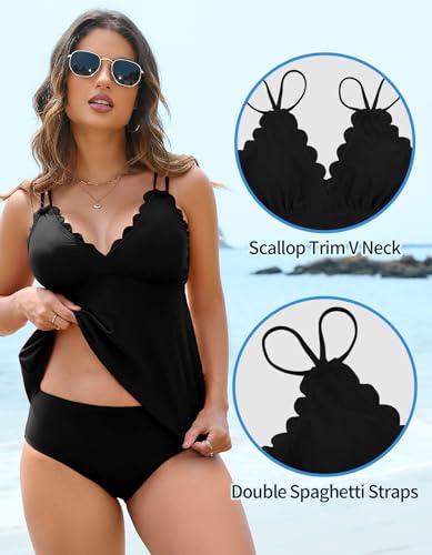 Two Piece Tankini Swimsuits for Women Scallop Trim V Neck Tankini Top with Bottom Tummy Control Bathing Suit3