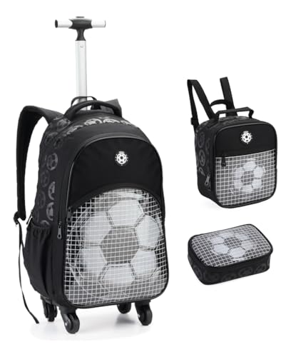Kit Mochila Escolar com Rodas 360º, Lancheira e Estojo, Design Futebol, Compartimentos Múltiplos, Alça Telescópica, para Meninos, Cor Preta