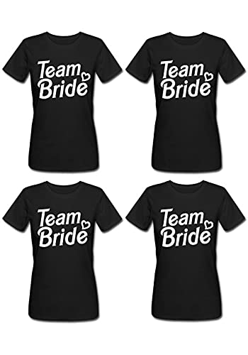 Pacchetto 4 t-Shirt Donna Nere Addio al Nubilato Team Bride Amiche della Sposa, Stile Bambola Anni 90 Divertente!