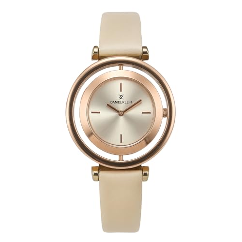 Daniel Klein Analog Round Dial Rose Gold Case Beige Leather Strap Water-Resistant Wrist Watch for Women Girls, Ladies DK11430-4