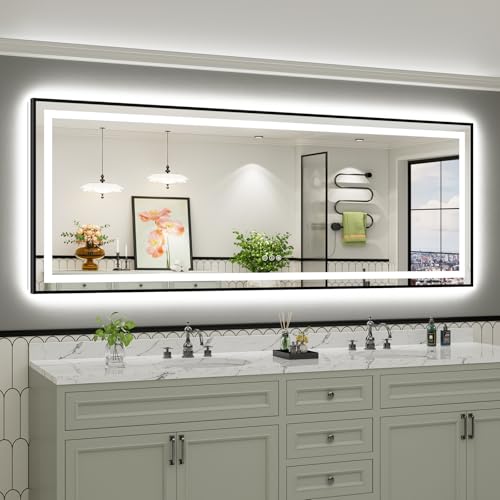 Image of 96x36 Inch LED Bathroom Mirror with Black Frame, Backlit & Front Lit, Anti-Fog Lighted Bathroom Vanity Mirror for Wall, Memory Function, Dimmable, HD Tempered Glass, Shatter-Proof