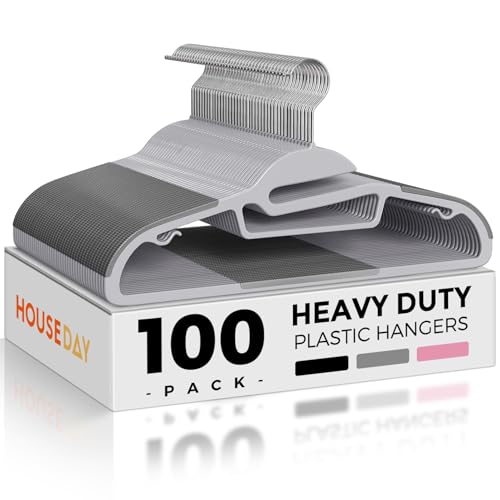 Image of HOUSE DAY Slim Plastic Hangers with Non Slip Rubber Pads, 100 Pack, Grey | Space saving closet organizer, heavy duty S-shape, rubber grip pads help keep shirts, suits, coats, pants, skirts in place