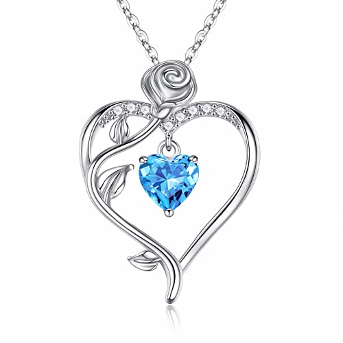 March Birthstone Necklace for Women, Blue Aquamarine Necklace Rose Love Heart Birthstone Jewelry Mothers Valentines Day Christmas Anniversary Birthday Gifts for Mom Wife Girlfriend Daughter Her