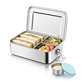 TeamFar Stainless Steel Bento Box, 47oz/1400ml Metal Lunch Box with Condiment Container for Adults/Kids, 3 Compartment Food Storage Container for School/Work, Leak-Proof & Dishwasher Safe, Blue