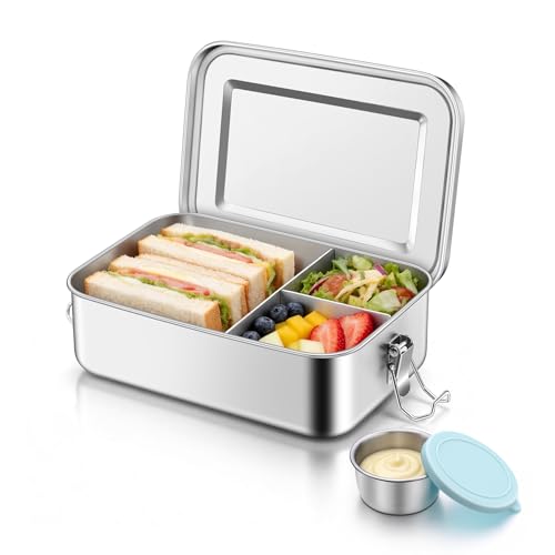 TeamFar Stainless Steel Bento Box, 47oz/1400ml Metal Lunch Box with Condiment Container for...