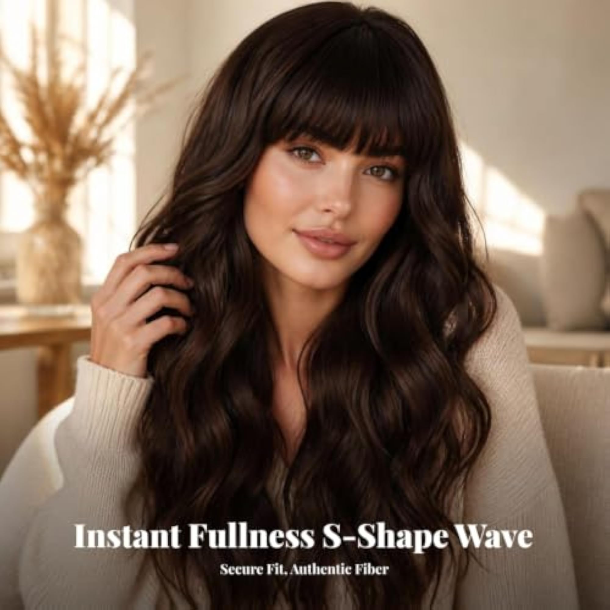 Women's Heat-Resistant Long Wavy Synthetic Hairpiece with Bangs
