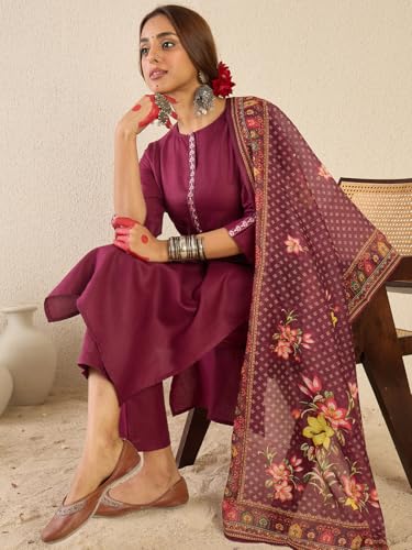 Image of INDO ERA Women's Straight Cotton Blend Ethnic Motifs Embroidered Kurta Pant With Dupatta Set