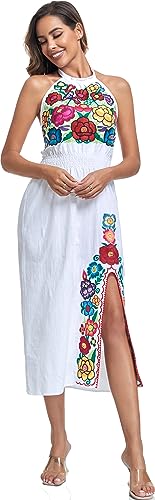 Image of Womens Mexican Floral Embroidered Halter Maxi Dress Side Slit Boho Dress