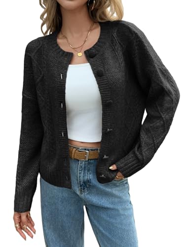 Saodimallsu Womens Cable Knit Cardigan Button Down Crew Neck Long Sleeve Loose Fall Trendy Sweater Coats