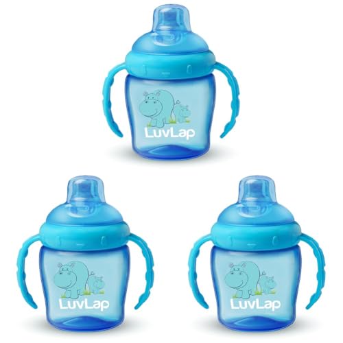 Image of LuvLap Hippo Spout Sipper, 225ml, Anti-Spill Sippy Cup with Soft Silicone Spout BPA Free, Dual Handle, Lightweight & Easy Grip, 1 Year+ (Blue) (Pack of 3)
