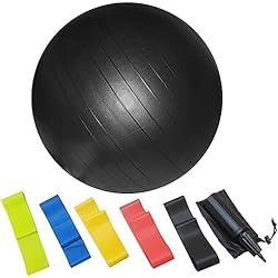 Genérico Pelota de Yoga, Pilates, Fitness, Embarazadas, Balón de Ejercicio, de 65 Cm, Incluido Bomba de Aire y Set de Bandas Elásticas para Musculación. 5 Niveles de Resistencia