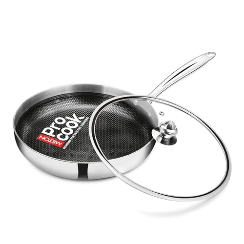 Image of Milton Pro Cook Induction Cookware & Gas Stove Friendly Triply Hexa Tech Stainless Steel Frying Pan with Glass Lid 22cm, 1.3L | Honeycomb Non-Stick Fry Pan | Metal Spoon Friendly | 3Y Warranty |Silver