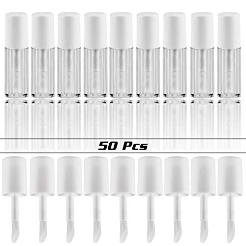 Fyess 50Pcs 1.3ML White Empty Lip Gloss Containers,Clear Mini Refillable Lip Balm Bottles with Rubber Inserts Brush Tip Applicator Wand for Lip Samples Travel Split Charging DIY Makeup