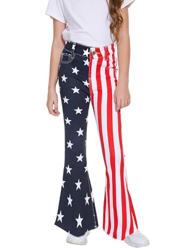 Girls Bell Bottom Jeans 3-14 Years Kids American Flag Flare Pants Denim Elastic High Waisted Slimming3