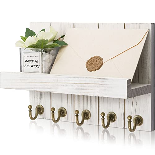 Rebee Vision Farmhouse Key Holder for Wall - Decorative Mail Organizer and White Key Rack Wall Mount - Elegant 5 Sturdy Key Hooks with Floating Shelf for Vintage Living Room Decor (Whitewash)