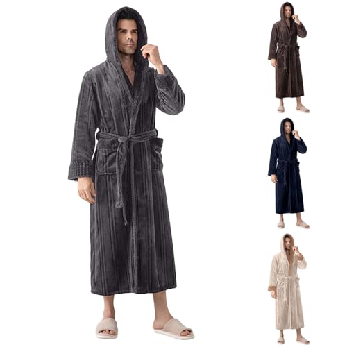 Mens Fleece Hooded Bathrobes Winter Warm Soft Plush Long Robe Lounge Housecoats Fuzzy Sleep Robes with Pockets