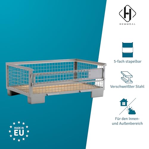 HEMMDAL Industrie-Gitterbox mit halb abklappbarer Längswand | 1.500 kg Tragkraft | HxBxT 50 x 124 x 83,5 cm | Grau | 5 x 5 cm Maschenweite | aus Stahl | niedrige Bauart | stapelbar| Gitterbehälter