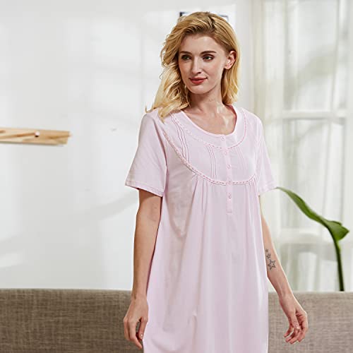 Keyocean Women Nightgown, Soft 100% Cotton Knit Lightgweight Soft Lace Trim Short Sleeve Ladies Sleepwear Loungewear, Light Pink, Medium #TOP2