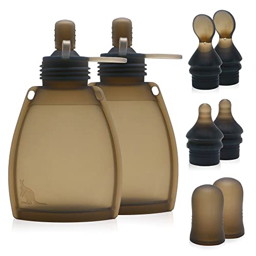 Image of KAANG Silicone Baby Food Pouches Refillable 5oz 2 Pack, Reusable Food Pouches for Baby Food Storage with Spoon Feeder for Toddlers and Babies, Make Homemade Organic Food (Grey)