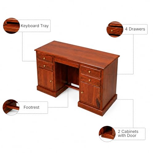 Image of SONA ART & CRAFTS Carmel Solid Sheesham Wood Study Table for Students Big Size with 4 Drawers & 2 Doors Wooden Study Desk Table Office Table for Work from Home Office Desk (Natural Honey Finish)
