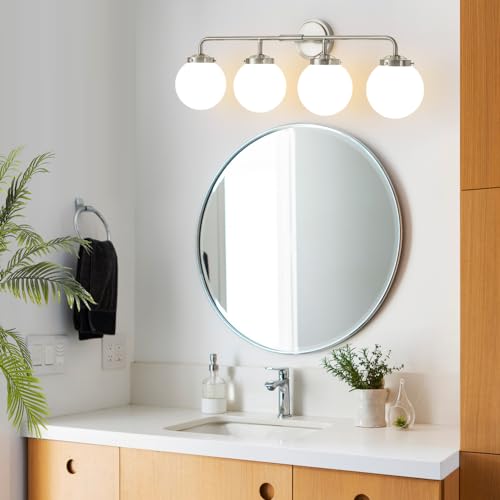 Image of Bathroom Light Fixtures Over Mirror, Brushed Nickel Modern Vanity Lighting with Milk White Glass Globe Shades 4-Light Farmhouse Wall Sconce
