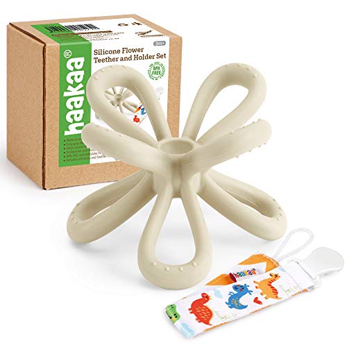 Image of haakaa Silicone Flower Teether for Babies - Food Grade Silicone Flower Teething Toy for Teething Baby Soothing Sore Gum Healthy Silicone Teether with Teether Clip Prevent Losing Ivory