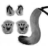 JEGERMIG Grey Wolf Costume Accessories Funny Halloween Party Werewolf Set Wolf Tail Clip Plush Ears and Gloves