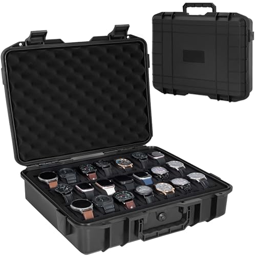 FREEAMG 21 Slots Watch Travel Case Organizer Watch Hard Collection Storsge Box with Padlockable Hole Waterproof Watch Box with Foam for Men & Women Watch Carry Case Fits All Watches