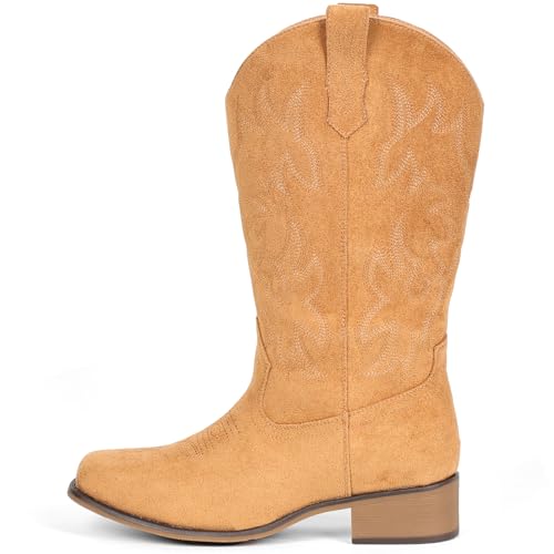 Image of IUV Cowboy Boots For Women Square Toe Wide Mid Calf Western Pull On Suede Fashion Black Brown Cowgirl Boots