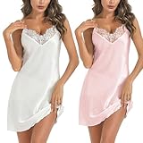Marvmys Satin Nightdress for Women UK Lace Negligees Strap Chemise Silk Nighties for Ladies V Neck Full Slips Sleepwear Nightwear Pink+White XL