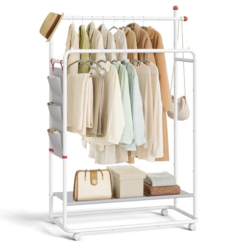 SONGMICS HOME Porte-Manteau, Portant à Vêtement en Métal, avec Roulettes, 2 Barres de Suspension,...