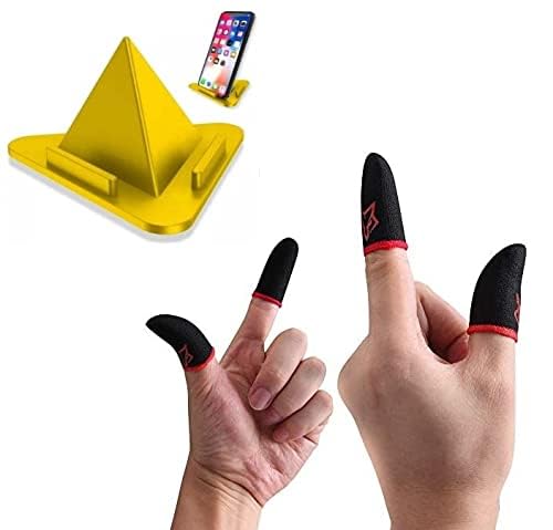 Image of PROXN Combo of Finger Sleeves for Gaming -Thumb Sleeves for All Mobile | for Fast Gaming | Finger Gloves for Winter and Game (4 PCS) with Mobile Holder Pyramid Stand (CON STEND+Sleeve)