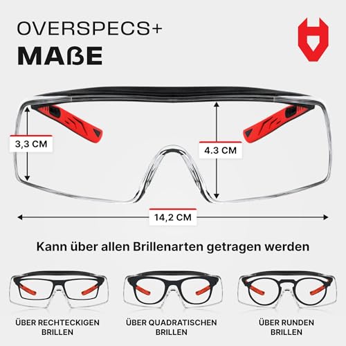 NoCry Sicherheits-Überbrille mit Kratzbeständigen Gläsern, Seitenschutz, Verstellbaren Bügeln, 400 UV-Schutz, schwarz roter Rahmen und EN166, EN170, EN172, EN175 Zertifiziert