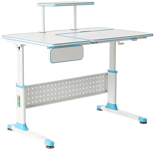 Apexdesk Little Soleil Dx 43" W Children's Height Adjustable Study W/Integrated Shelf & Drawer, Blue Desk Only #TOP27