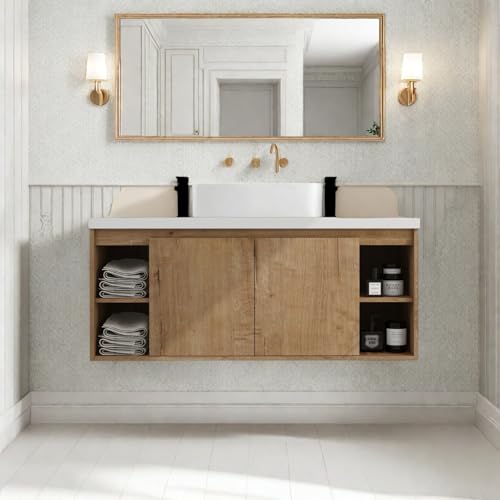 Image of Floating Bathroom Vanity, 48 inch Bathroom Storage Cabinet with Double Resin Sinks, 2 Soft-Close Doors & 4 Open Storage Shelves, Modern Wall-Mounted Vanity with 45 Bevel Handles, Oak