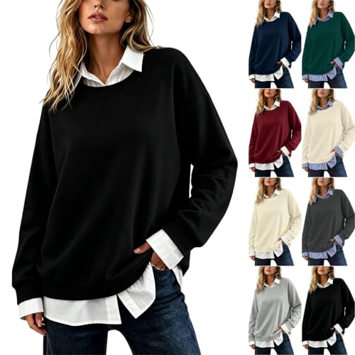 Fake Two Piece Sweatshirt for Women Loose Fit Cotton Casual Preppy Pullover - image 1