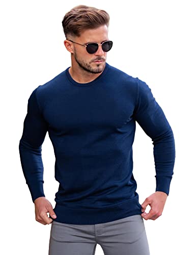 Chomoleza Men's Casual Crewneck Sweater Slim Fit Knitted Pullover Sweaters Lightweight Soft Thermal Sweater Men Longsleeve Basic Designed Navy Blue Sweater-Xxl #TOP14