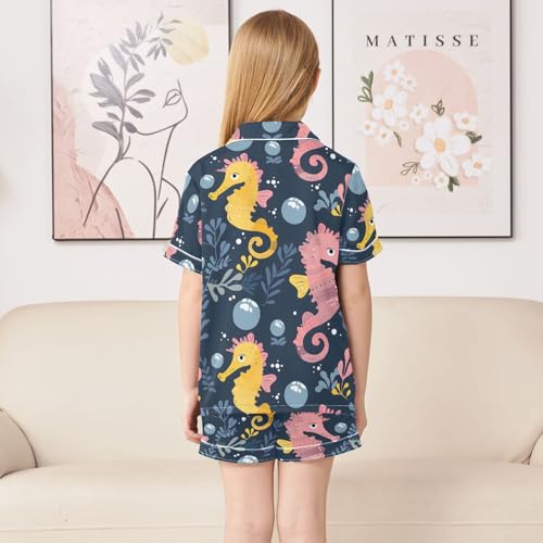 ALAZA Seahorse Leaves Navy Blue Satin Pajamas Set Short Sleeve Button Down Sleepwear Summer Pjs 2 Piece4