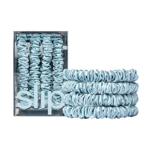 Image of Slip Silk Hair Ties - Skinny Silk Sky Blue Scrunchies, No Damage, No Crease, Anti-Breakage |100% Mulberry Silk | All Hair Types | Made with Proprietary Slipsilk | Set of 4