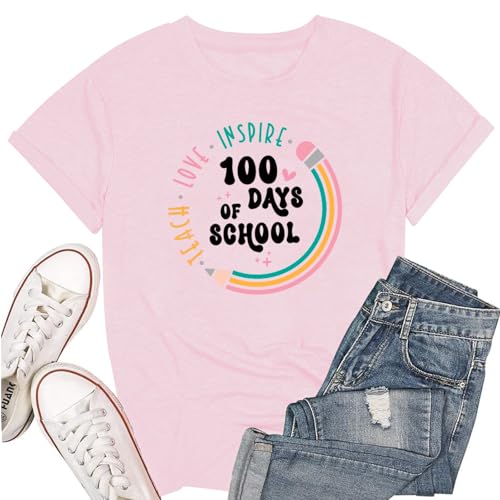 Image of 100th Day of School Shirt for Women Teacher Graphic T-Shirt Funny Teach Short Sleeve Tee Tops