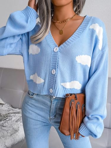 Women's Cloud Print Cropped Button Front Long Sleeve V Neck Knit Cardigan Sweater4