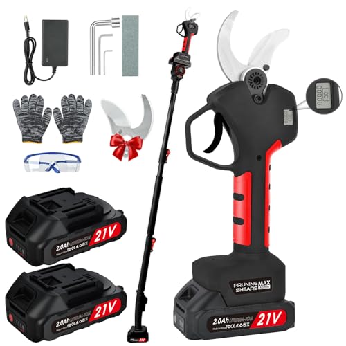 Tijera de Podar Eléctricas de 50mm con Alargador: Tijeras de Podar Bateria Profesional con 2 Baterías de 21V/2000 mAh-Podadora Eléctrica con pantalla LCD para Jardinería,Olivos Ramas(Negro)