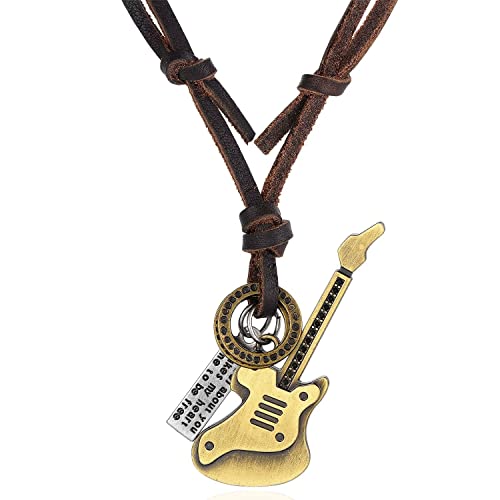 BIYONGDE Aged Brass Guitar Pendant Necklace, Adjustable Brown Leather, Men
