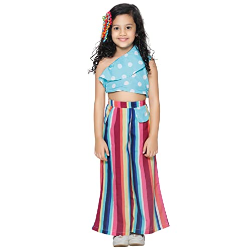 Image of LILPICKS Girls' One Side Shoulder Polka Top with Striped Palazzo Set (Powder Blue & Multicolor)