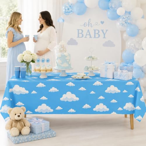 Image of 4 Pack Blue Sky Cloud Plastic Tablecloths, 54 x 108 in, Disposable Covers