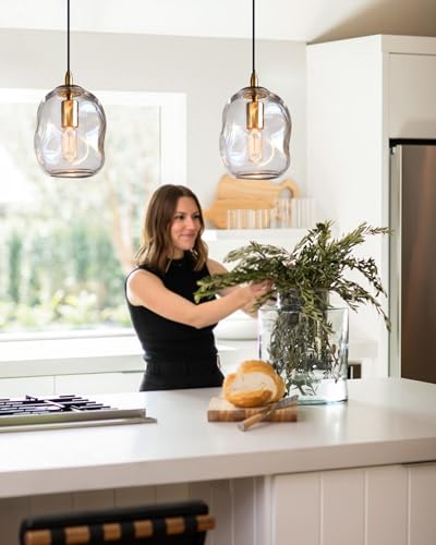 CASAMOTION Pendant Lights Kitchen Island 2 Pack Modern Contemporary Clear Glass Organic Globe Brass Gold Hanging Light Adjustable Cord Bedroom Dining Table Small Medium Lamp 8 Inch - Image 2