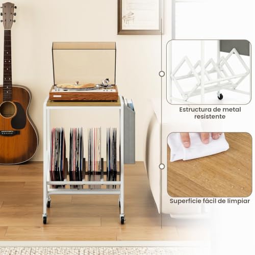 Miniatura 5 de Komfotteu Soporte Para Tocadiscos Con Ruedas, Estantería Para Discos De Vinilo Con Estante Con Divisores Y Bolsa De Tela, Mesa Auxiliar De Metal Para 200 Álbumes, Para Oficina, Salón Natural